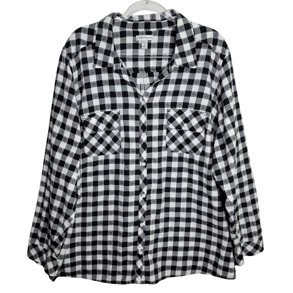 Croft & Barrow Womens 3X Snowflake Buffalo Plaid Button Up Shirt Long Sleeve